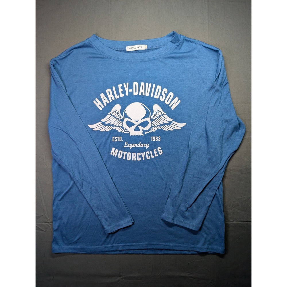 Misslook Harley-Davidson Graphic Long Sleeve T-Shirt Blue Skull Biker Top L